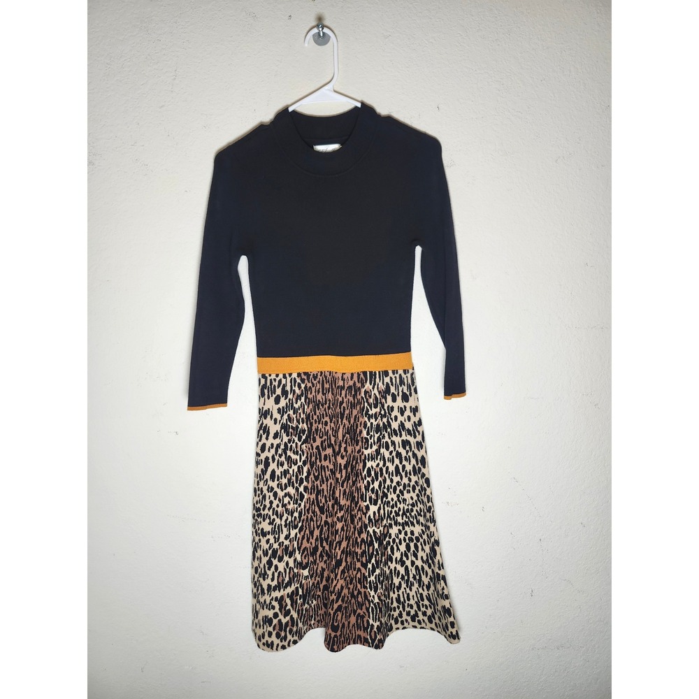 Eliza J Sweater Dress Womens Small Black Leopard Print Mock Neck EJ1-6788